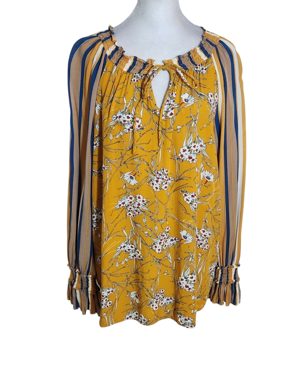 Gigio Mustard Yellow Boho Peasant Blouse Floral and Stripe Print Size Large